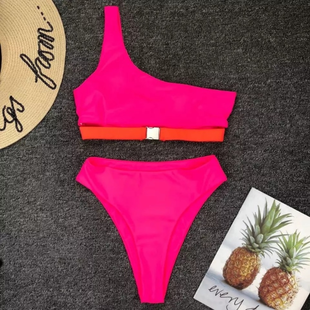 Pink two piece under boob bathing suit